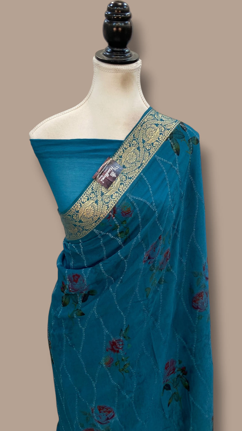 Pure Georgette Handloom Banarasi Saree - Chikankari With Digital Print