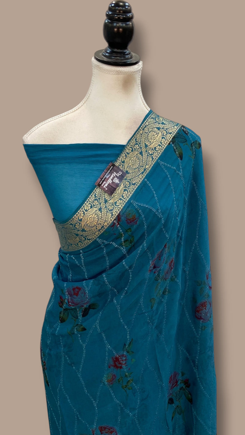 Pure Georgette Handloom Banarasi Saree - Chikankari With Digital Print