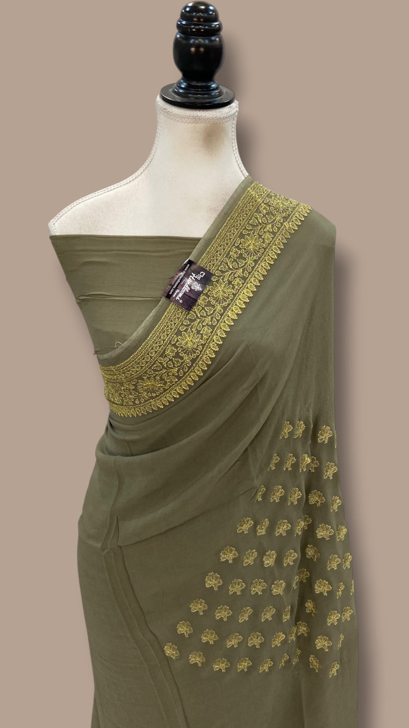 Pure Georgette Chikankari Handloom Banarasi Saree