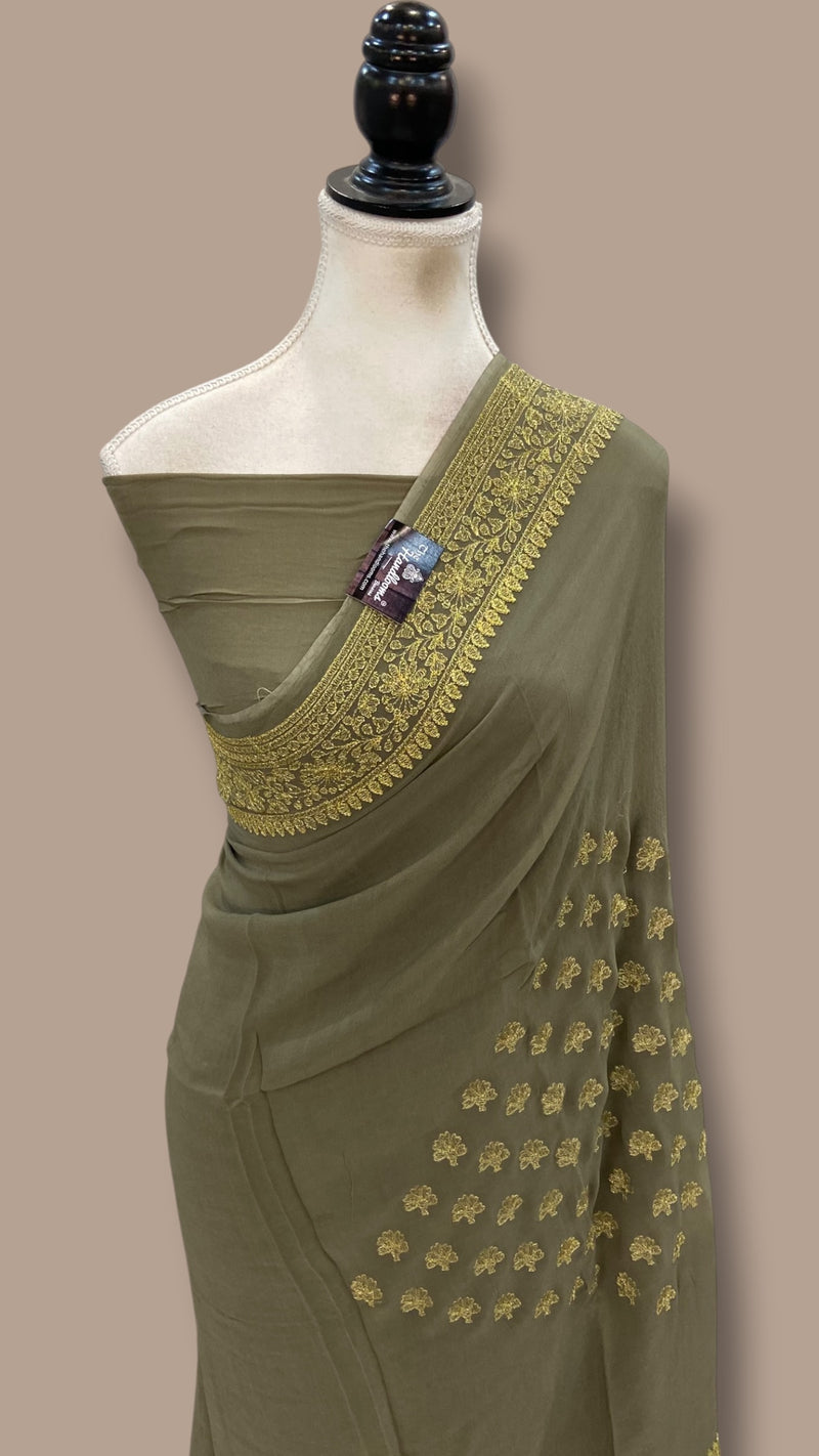 Pure Georgette Chikankari Handloom Banarasi Saree