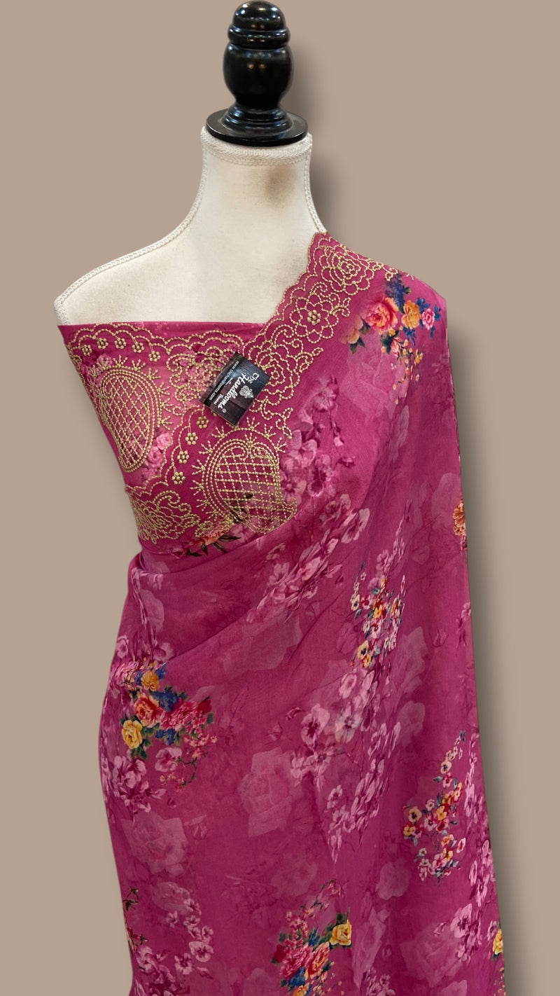 Pure Georgette Handloom Banarasi Saree - Chikankari With Digital Print