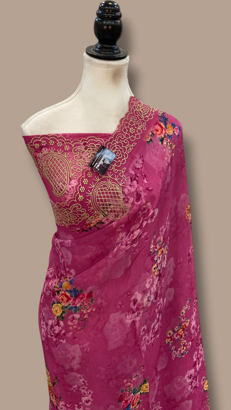 Pure Georgette Handloom Banarasi Saree - Chikankari With Digital Print