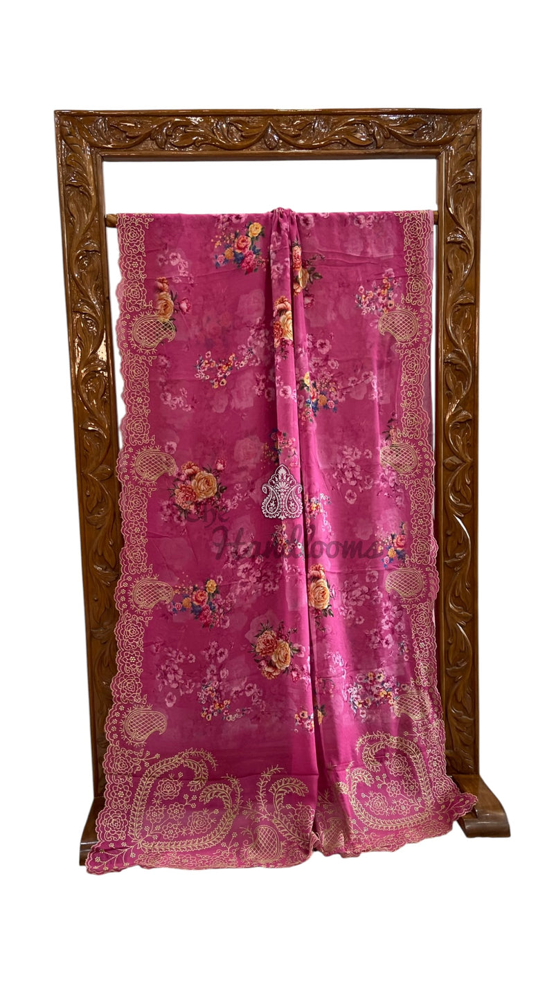 Pure Georgette Handloom Banarasi Saree - Chikankari With Digital Print