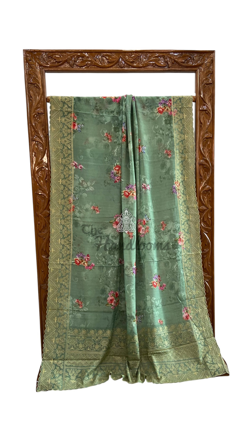 Pure Georgette Handloom Banarasi Saree - Chikankari With Digital Print