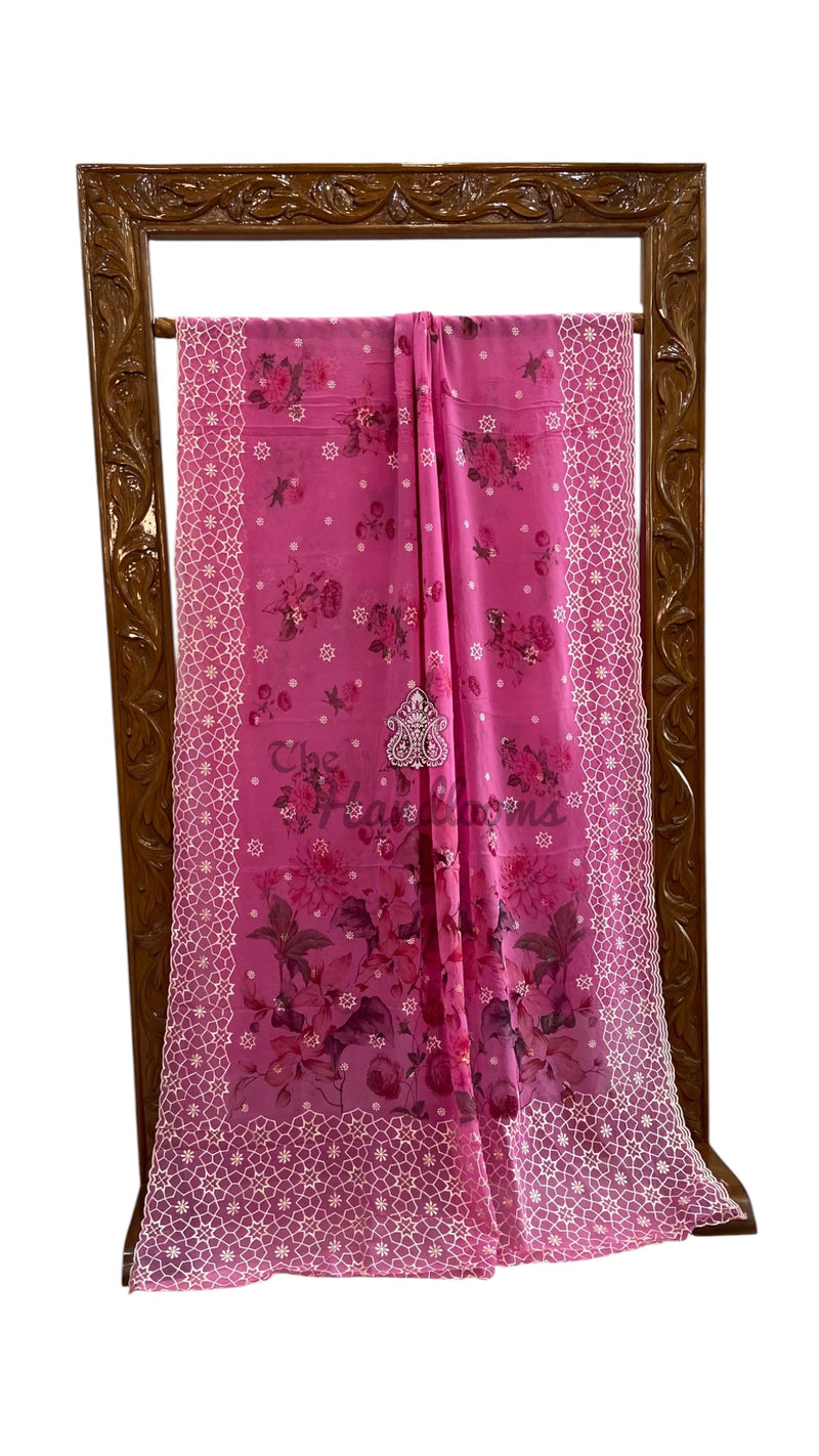 Pure Georgette Handloom Banarasi Saree - Chikankari With Digital Print