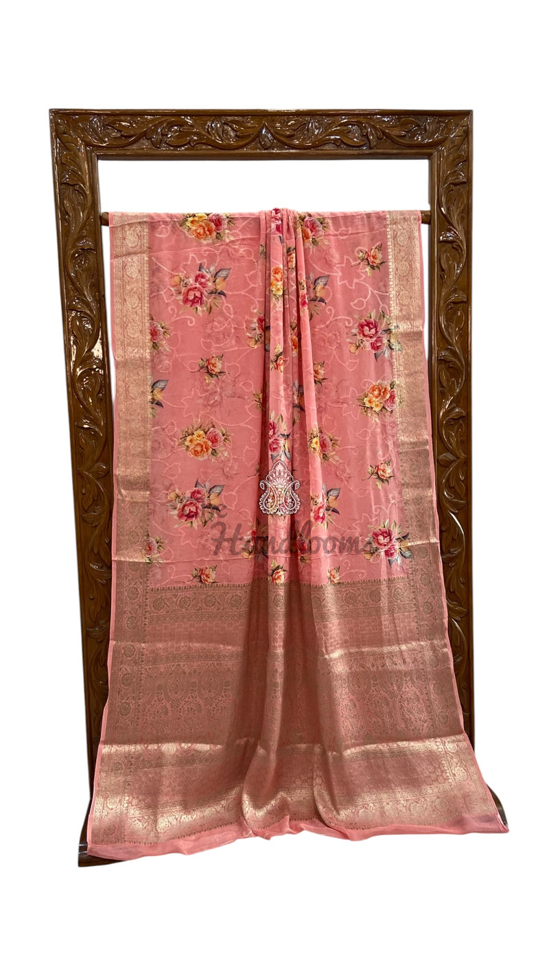 Pure Georgette Handloom Banarasi Saree - Chikankari With Digital Print