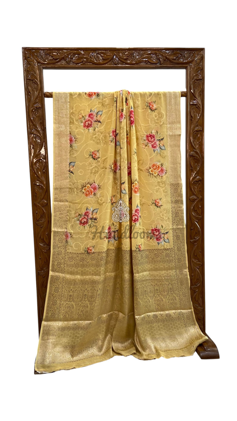 Pure Georgette Handloom Banarasi Saree - Chikankari With Digital Print