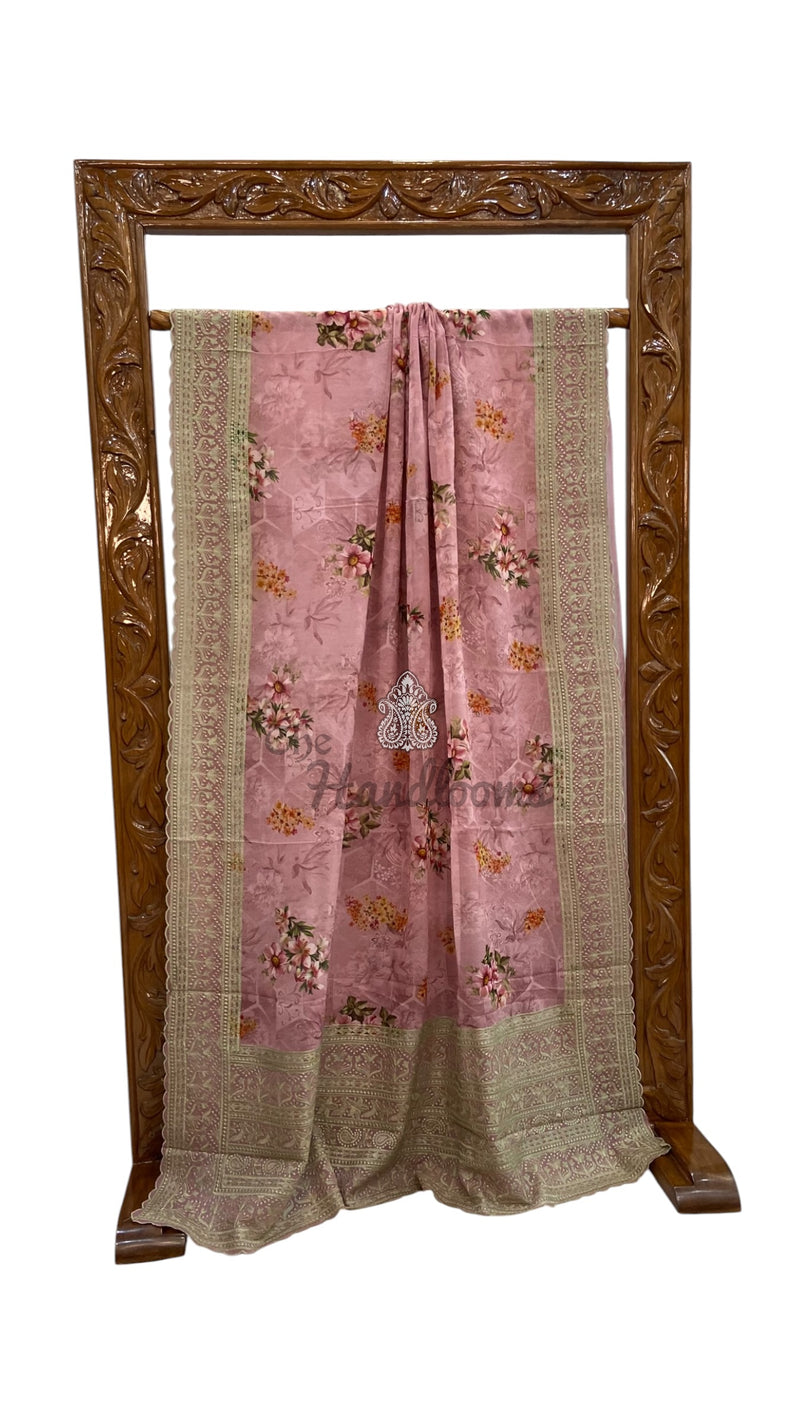 Pure Georgette Handloom Banarasi Saree - Chikankari With Digital Print