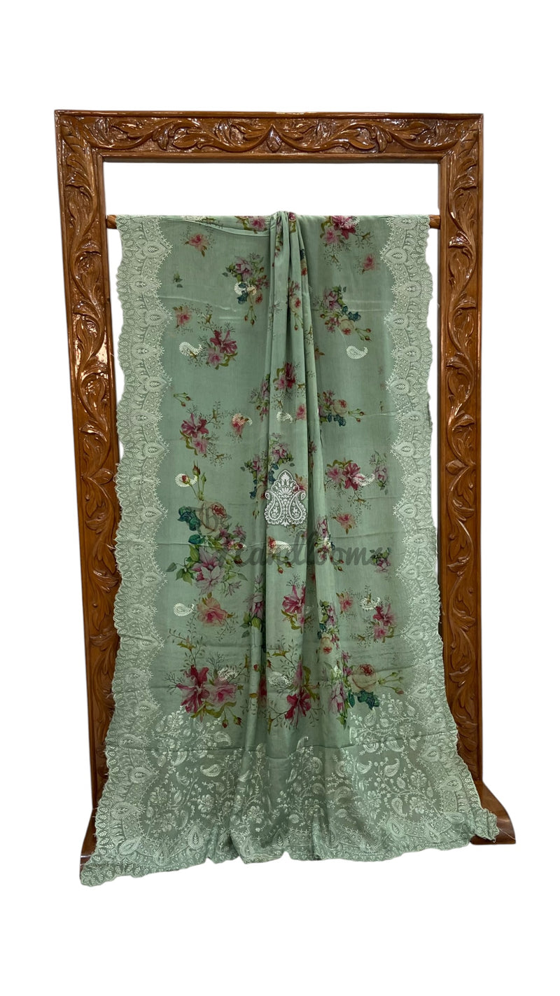 Pure Georgette Handloom Banarasi Saree - Chikankari With Digital Print
