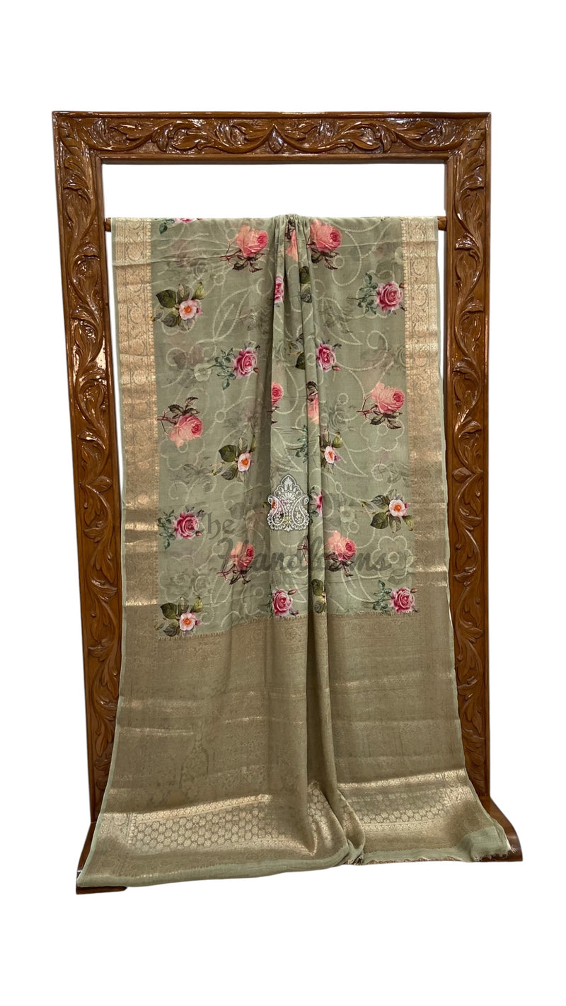 Pure Georgette Handloom Banarasi Saree - Chikankari With Digital Print