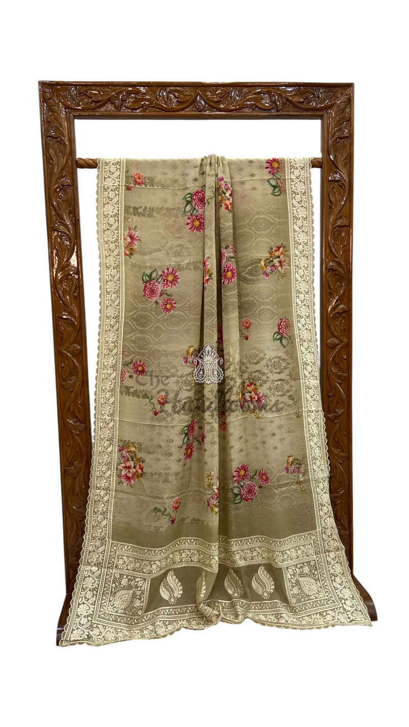 Pure Georgette Handloom Banarasi Saree - Chikankari With Digital Print