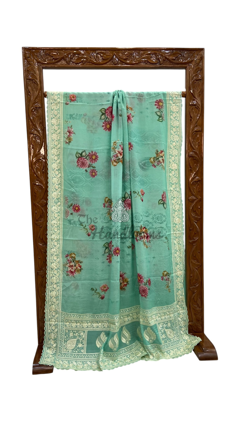 Pure Georgette Handloom Banarasi Saree - Chikankari With Digital Print