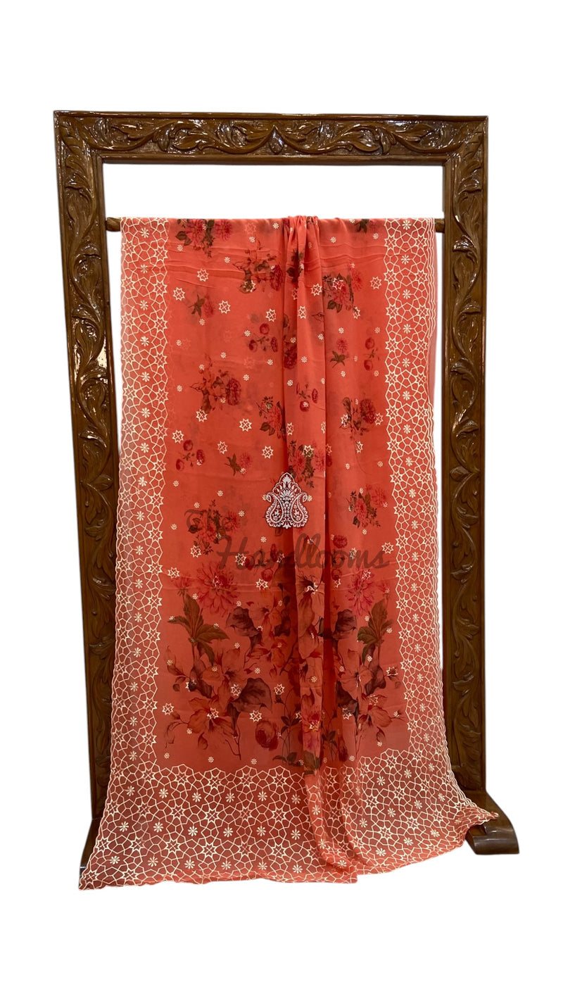 Pure Georgette Handloom Banarasi Saree - Chikankari With Digital Print