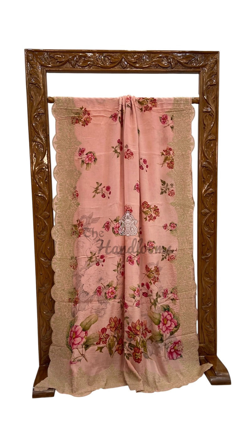 Pure Georgette Handloom Banarasi Saree - Chikankari With Digital Print
