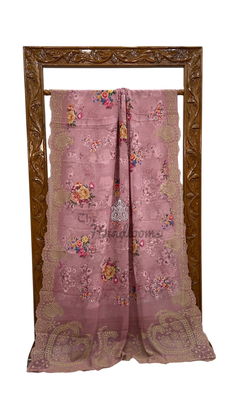 Pure Georgette Handloom Banarasi Saree - Chikankari With Digital Print