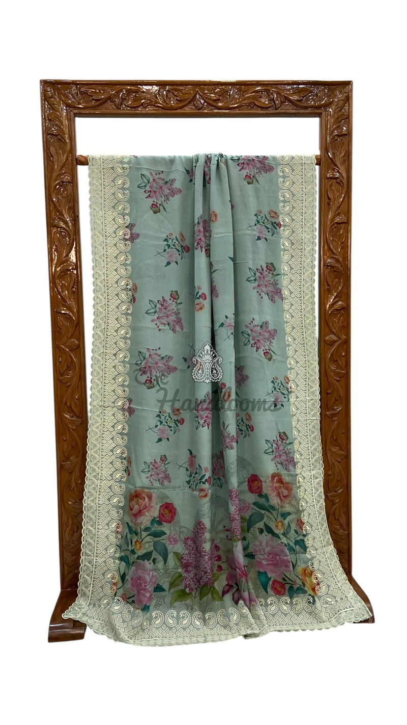 Pure Georgette Handloom Banarasi Saree - Chikankari With Digital Print