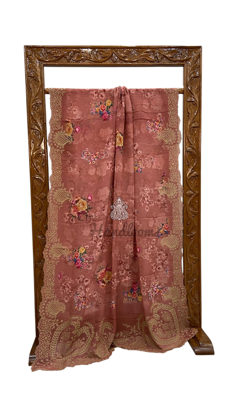 Pure Georgette Handloom Banarasi Saree - Chikankari With Digital Print