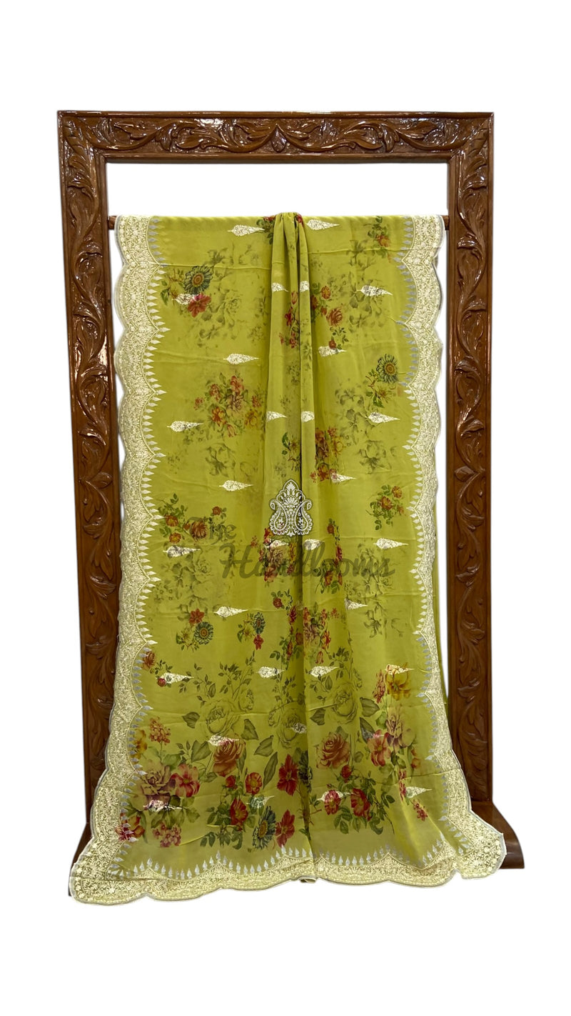 Pure Georgette Handloom Banarasi Saree - Chikankari With Digital Print