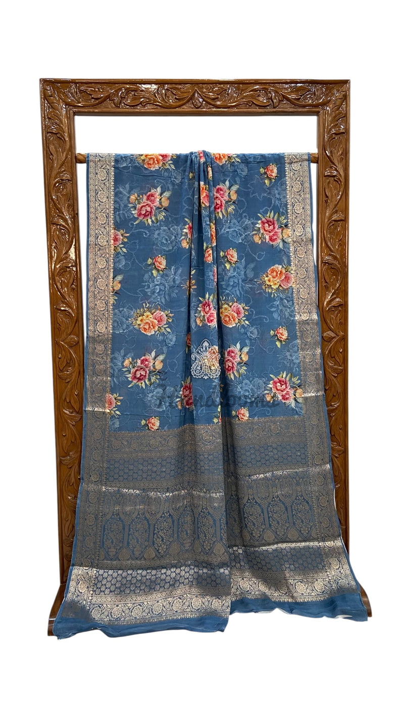 Pure Georgette Handloom Banarasi Saree - Chikankari With Digital Print