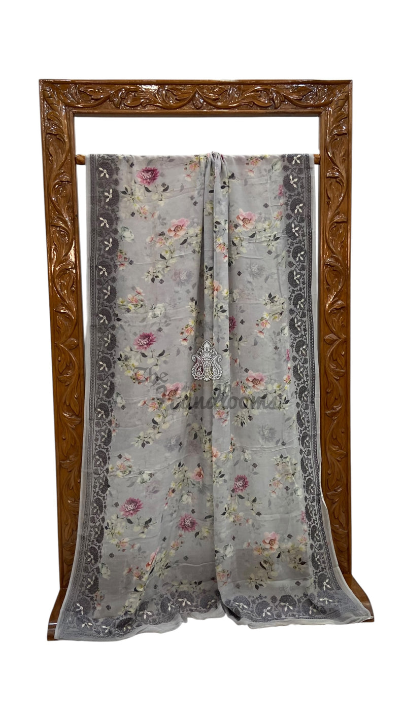 Pure Georgette Handloom Banarasi Saree - Chikankari With Digital Print