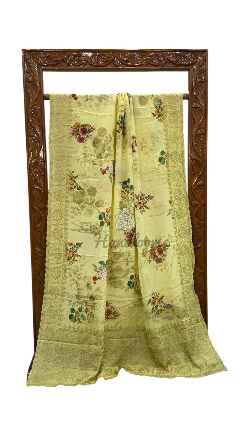 Pure Georgette Handloom Banarasi Saree - Chikankari With Digital Print