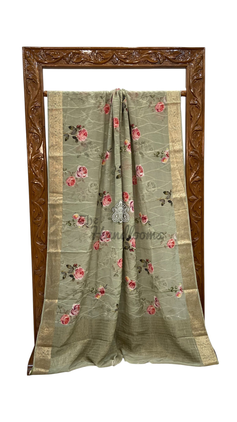 Pure Georgette Handloom Banarasi Saree - Chikankari With Digital Print