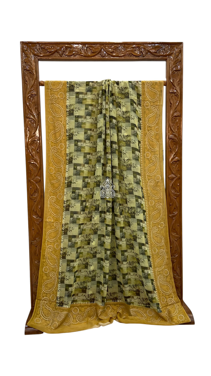 Pure Georgette Handloom Banarasi Saree - Chikankari With Digital Print