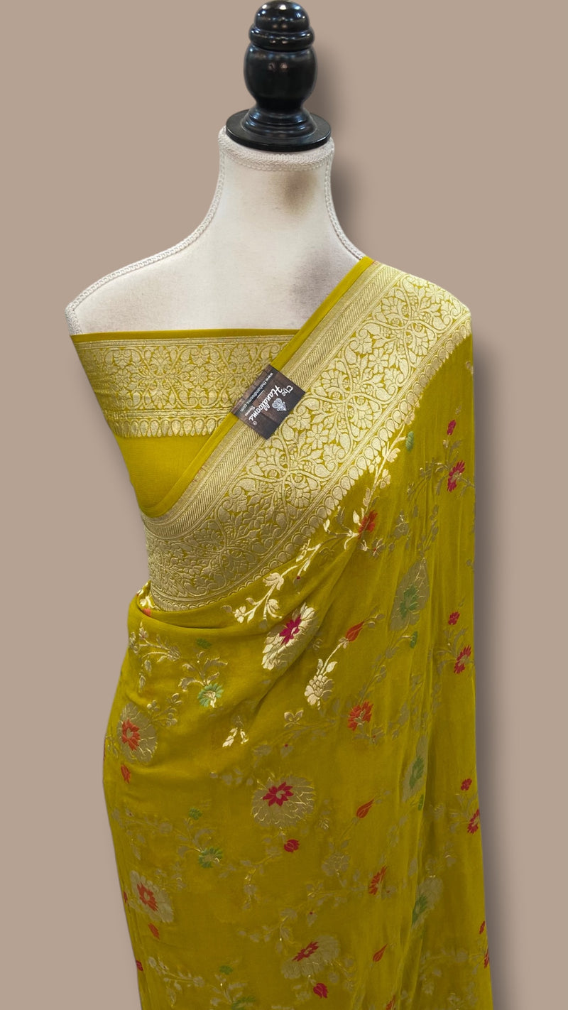 Mustard Yellow Pure Khaddi Georgette Handloom Banarasi Saree - All Over Jaal Work With Meenakari - The Handlooms