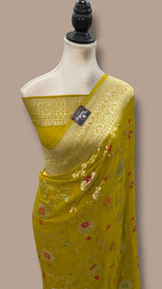 Mustard Yellow Pure Khaddi Georgette Handloom Banarasi Saree - All Over Jaal Work With Meenakari - The Handlooms