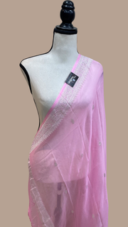 Pure Georgette Dupatta - Pink silver zari - The Handlooms