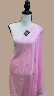 Pure Georgette Dupatta - Pink silver zari - The Handlooms