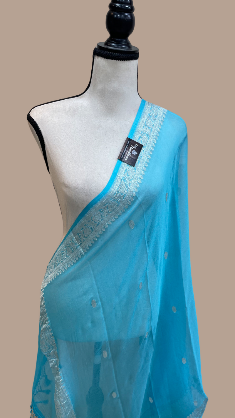Pure Georgette Dupatta - Firozi silver zari - The Handlooms