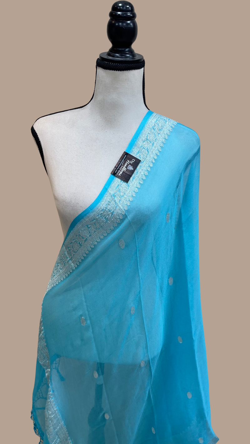 Pure Georgette Dupatta - Firozi silver zari - The Handlooms