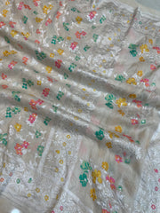 Pure Tussar Georgette Handloom Banarasi Saree - All over Jaal Work with meenakari - The Handlooms