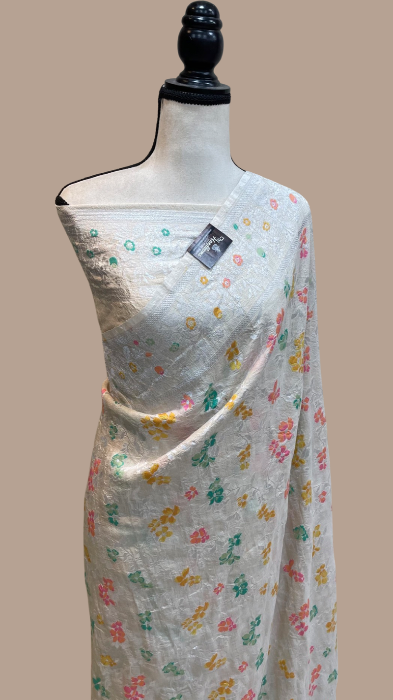 Pure Tussar Georgette Handloom Banarasi Saree - All over Jaal Work with meenakari - The Handlooms