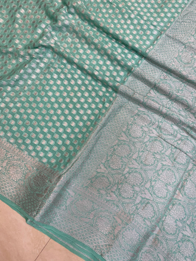 Aqua Blue Pure Chiffon Khaddi Banarasi Saree - The Handlooms