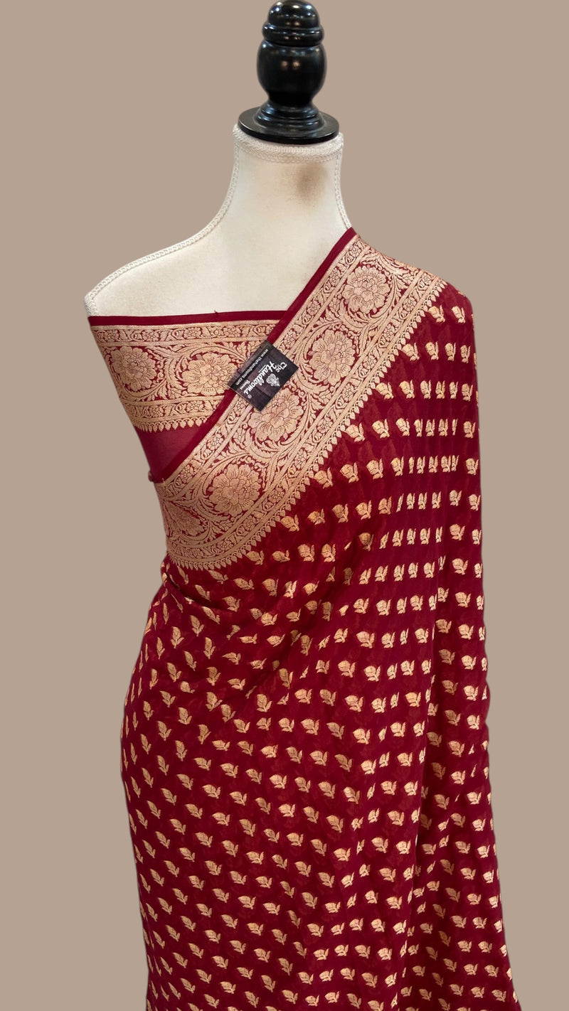 Maroon Pure Chiffon Khaddi Banarasi Saree