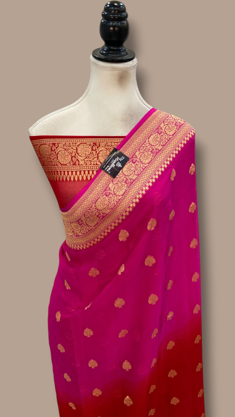 Red And Hot Pink Pure Georgette Handloom Banarasi Saree -  Gold Zari