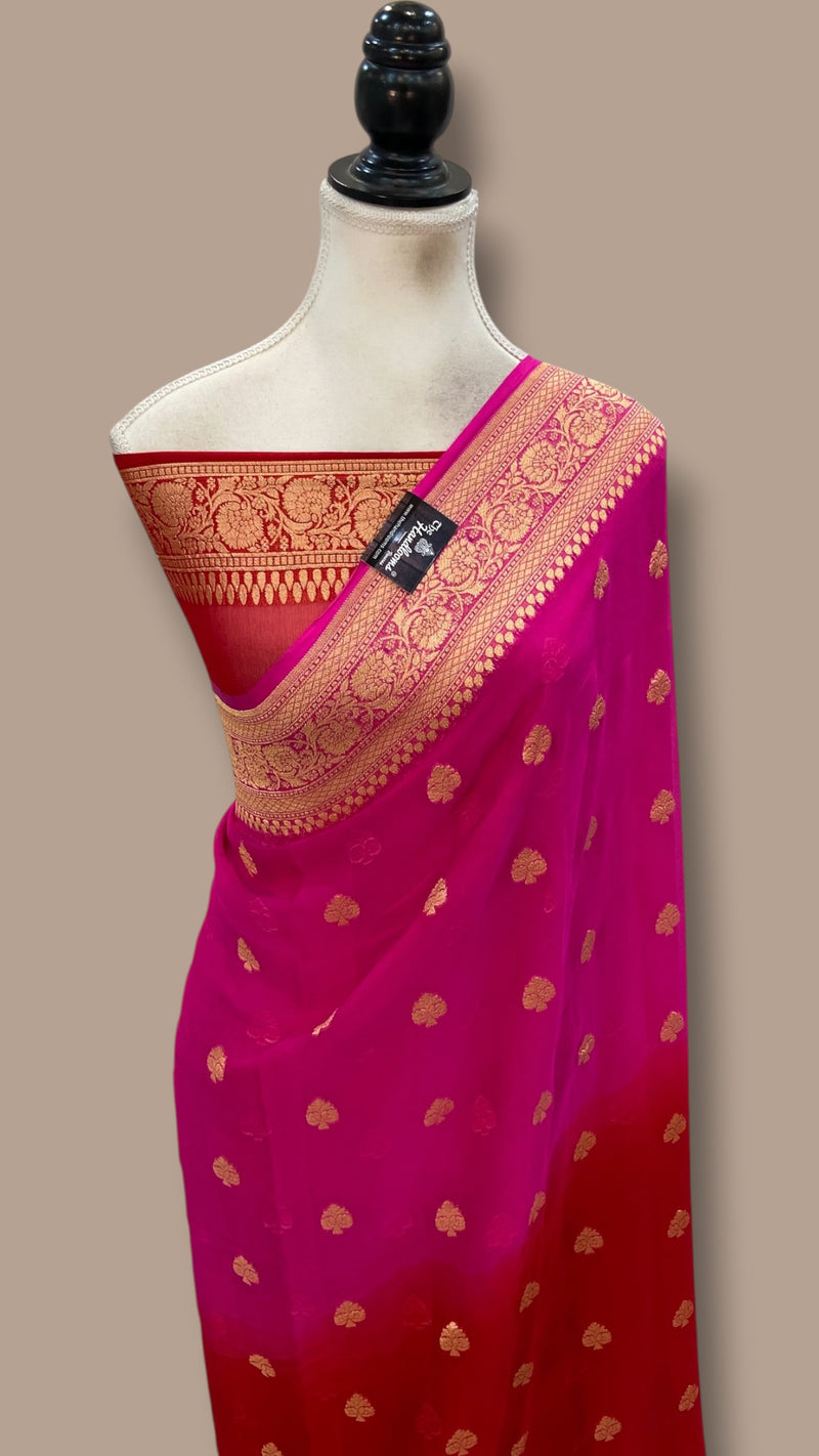 Red And Hot Pink Pure Georgette Handloom Banarasi Saree -  Gold Zari