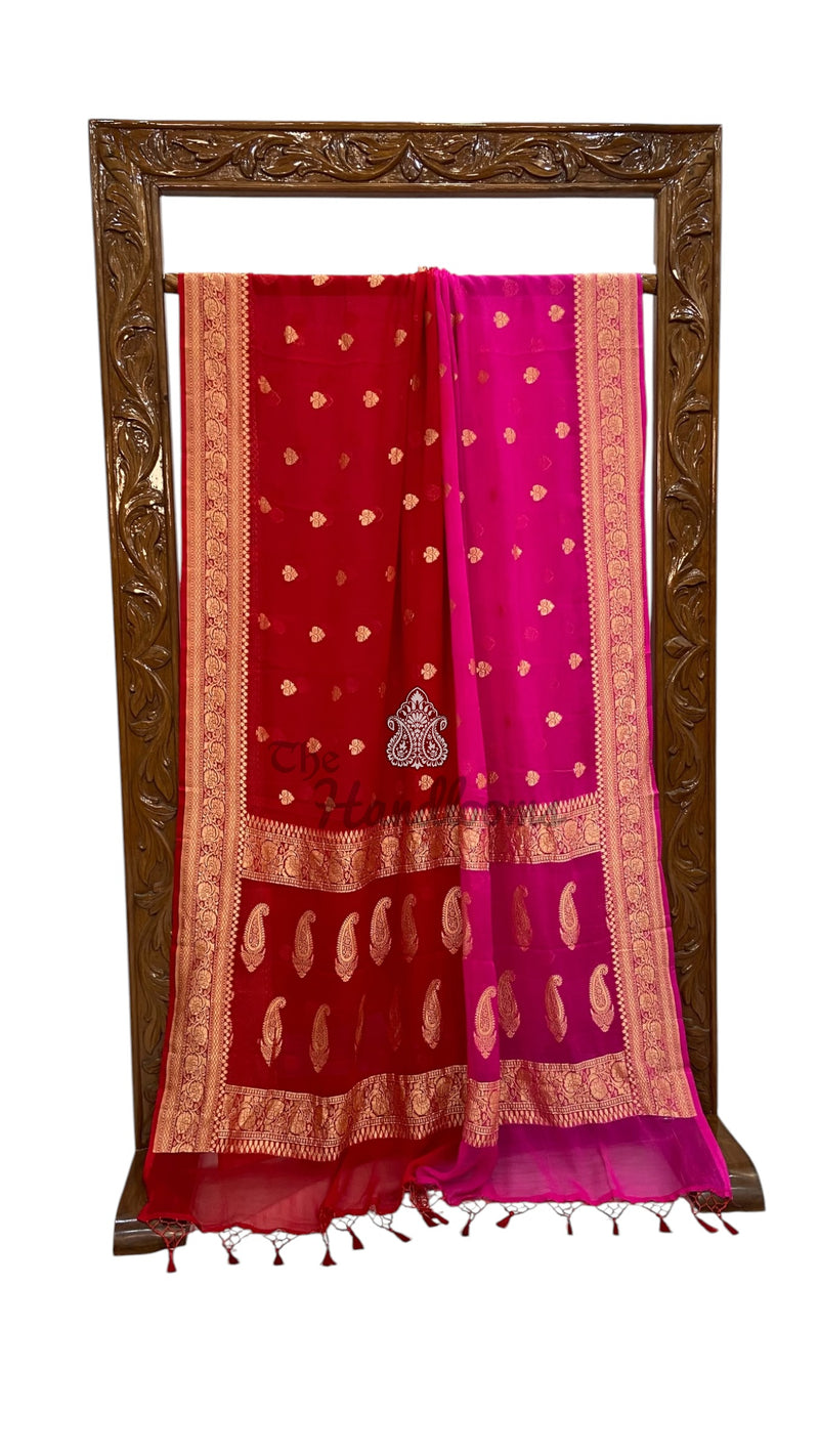 Red And Hot Pink Pure Georgette Handloom Banarasi Saree -  Gold Zari