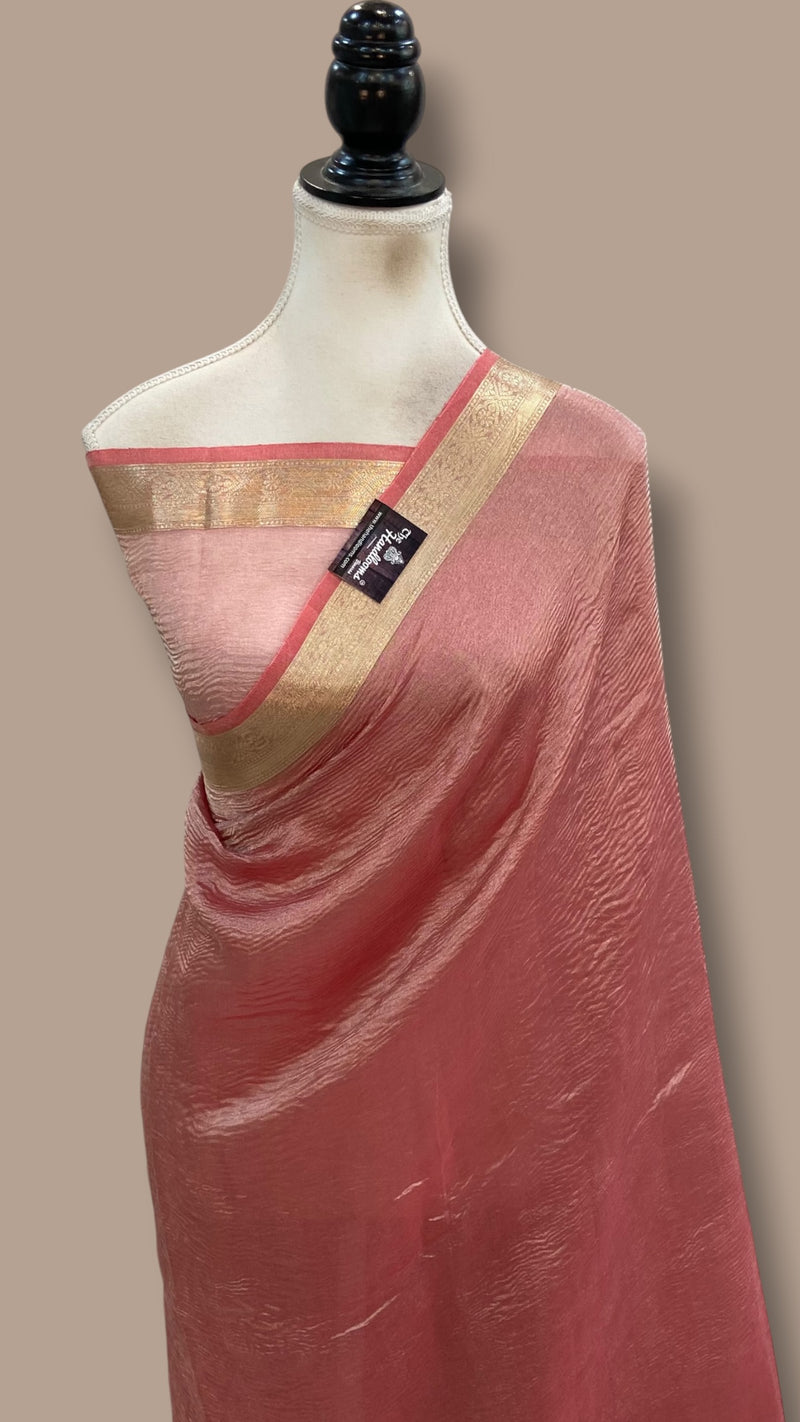 Pink Pure Kora Tissue Crush Handloom Banarasi Saree - The Handlooms