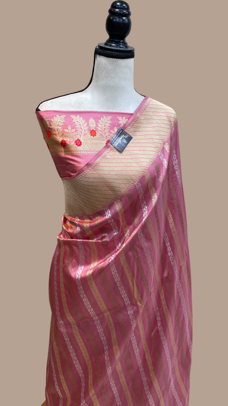 Pure Katan Silk Banarasi Handloom Saree - All over soona roopa Kadua stripe - The Handlooms