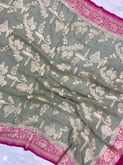 Pure Khaddi Georgette Handloom Banarasi Dupatta - water zari - The Handlooms