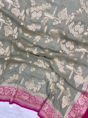 Pure Khaddi Georgette Handloom Banarasi Dupatta - water zari - The Handlooms