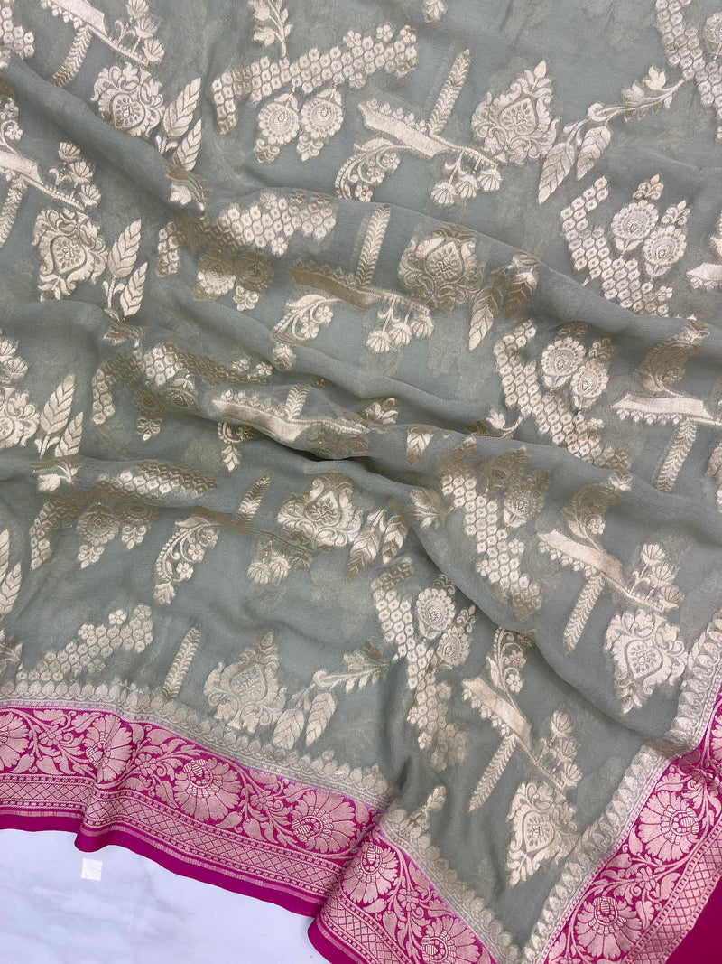 Pure Khaddi Georgette Handloom Banarasi Dupatta - water zari - The Handlooms