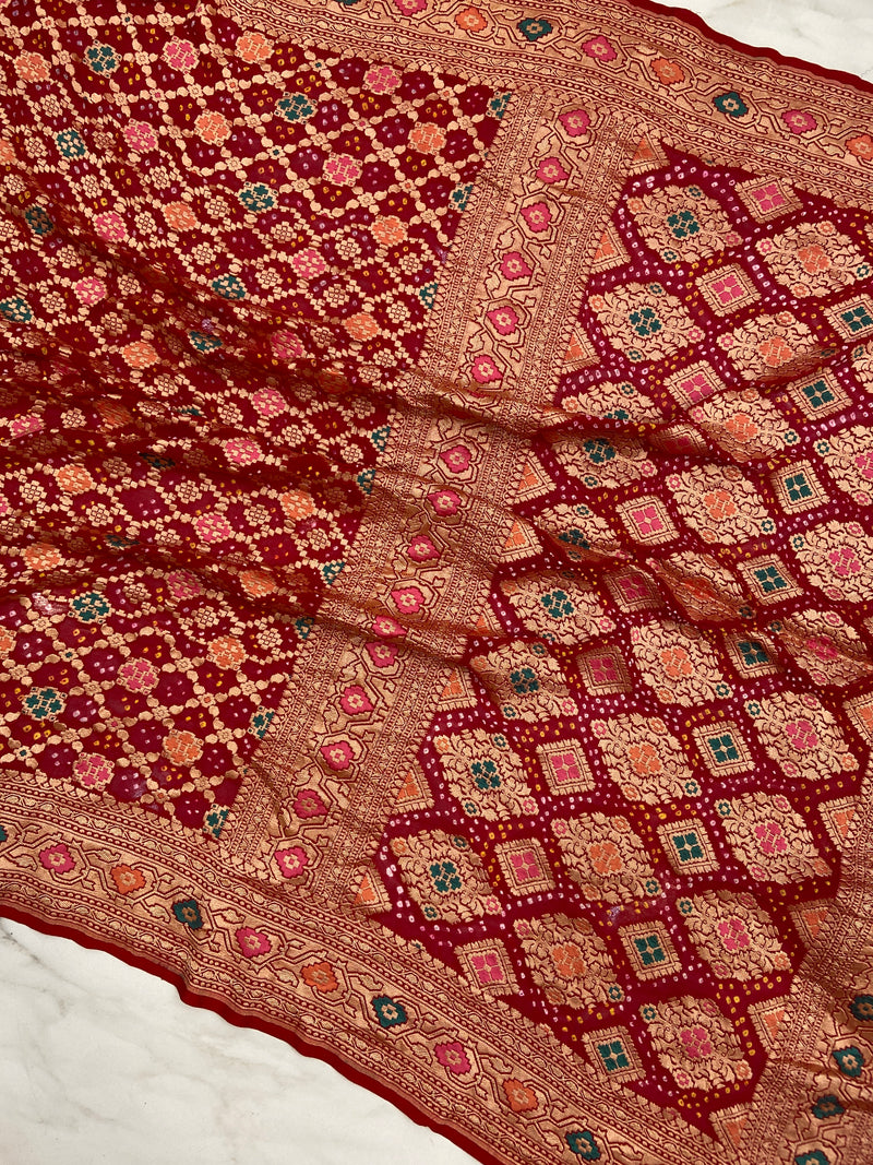 Pure Georgette Banarasi Bandhej Handloom Saree - Meenakari - The Handlooms