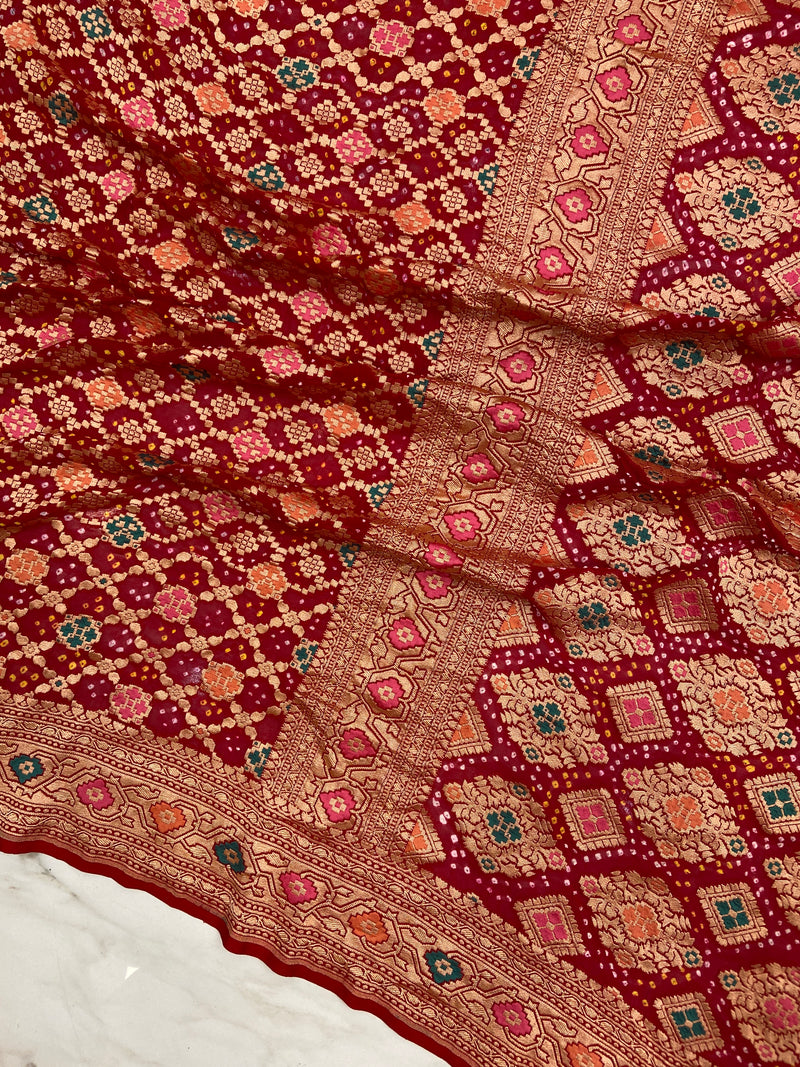 Pure Georgette Banarasi Bandhej Handloom Saree - Meenakari - The Handlooms