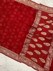 Pure Georgette Banarasi Bandhej Handloom Saree - Water Zari - The Handlooms