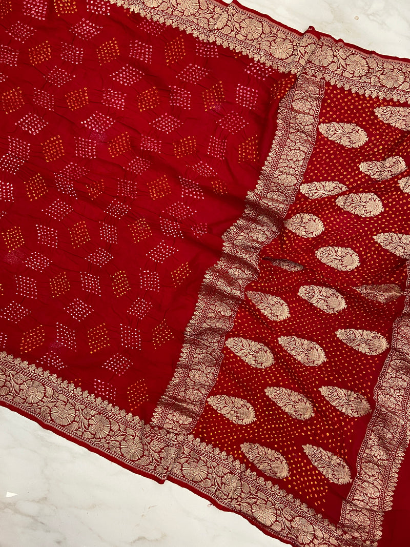 Pure Georgette Banarasi Bandhej Handloom Saree - Water Zari - The Handlooms