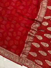 Pure Georgette Banarasi Bandhej Handloom Saree - Water Zari - The Handlooms